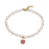 Mini Pomegranate Ruby Pavé Charm Pearl Bracelet in Yellow Gold