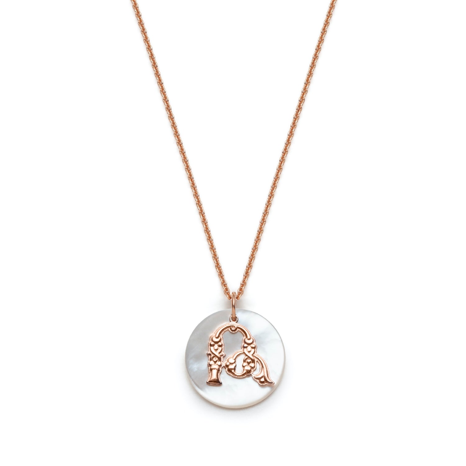 Mother of Pearl Armenian Initial Mini Pendant in Rose Gold