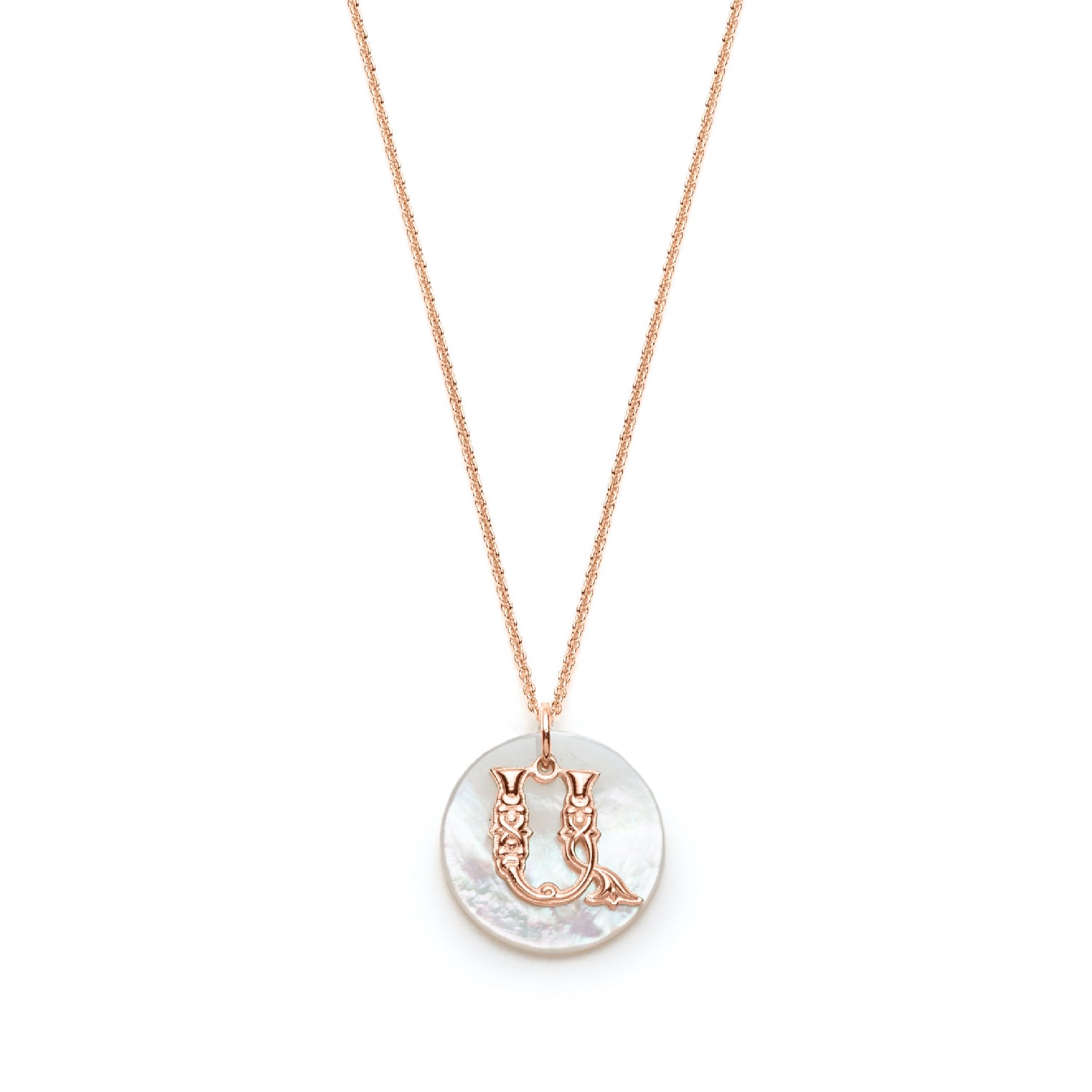 Mother of Pearl Armenian Initial Mini Pendant in Rose Gold