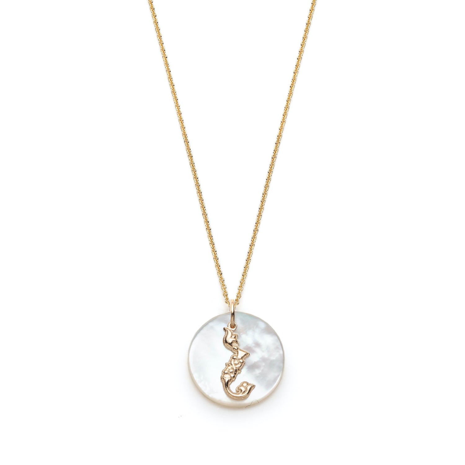 Mother of Pearl Armenian Initial Mini Pendant in Yellow Gold