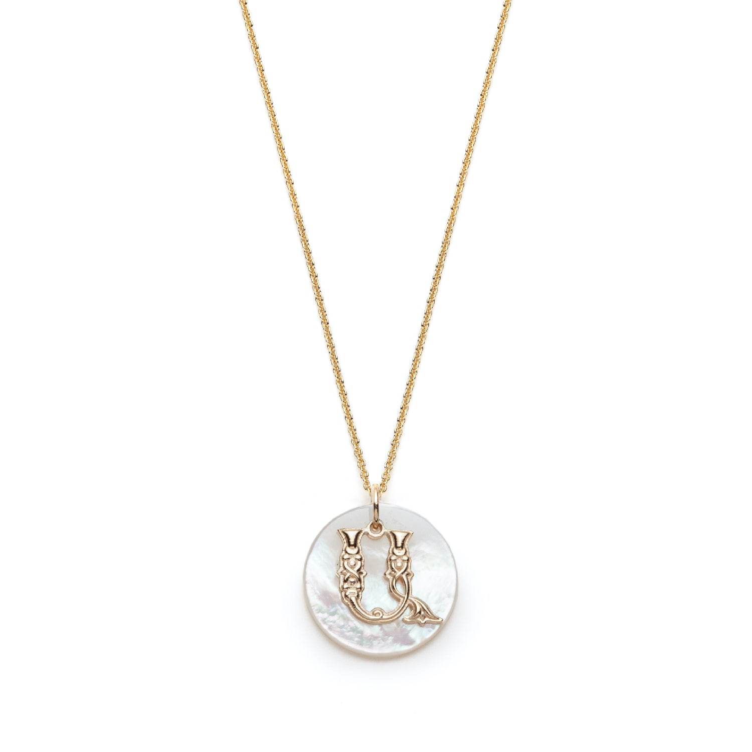 Mother of Pearl Armenian Initial Mini Pendant in Yellow Gold
