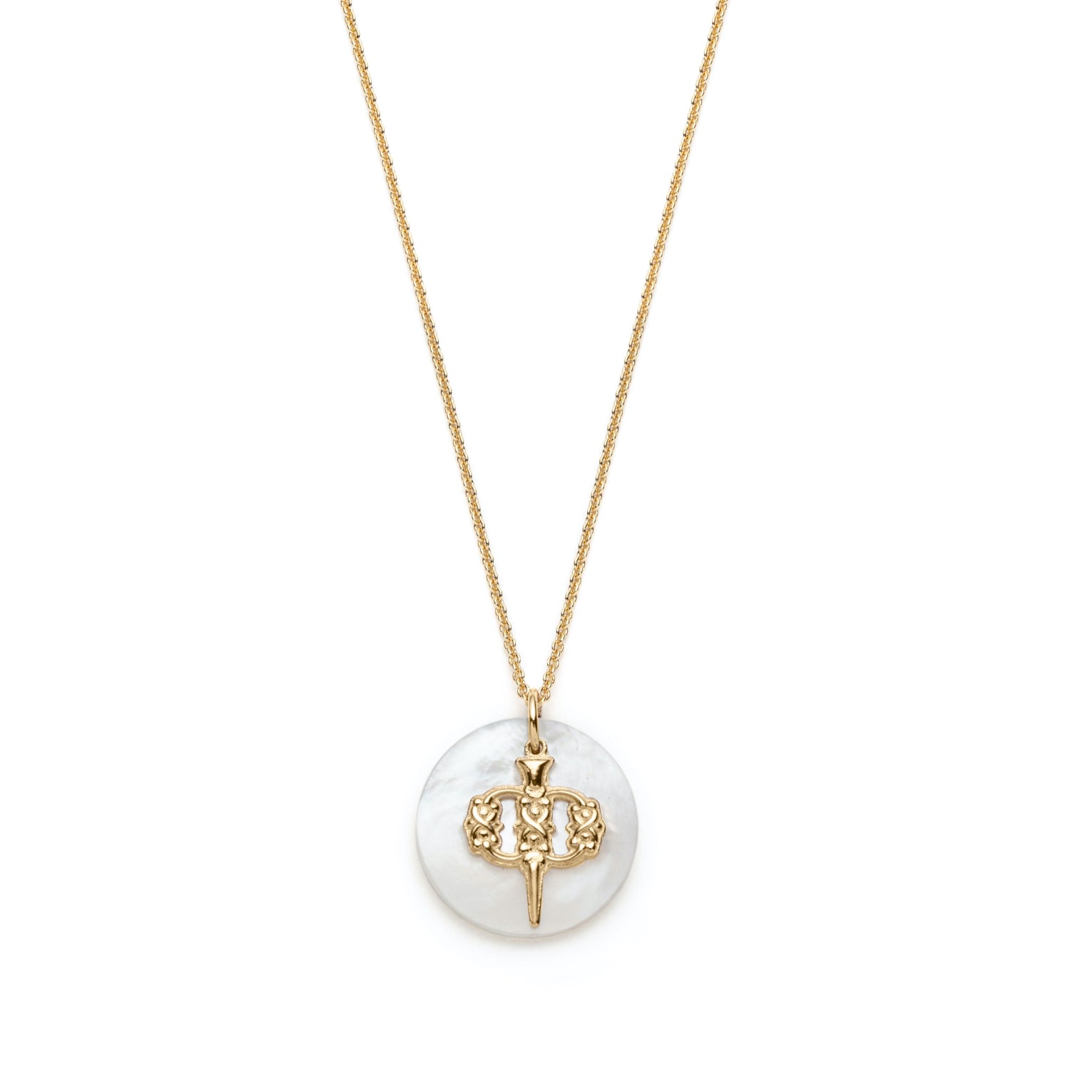Mother of Pearl Armenian Initial Mini Pendant in Yellow Gold