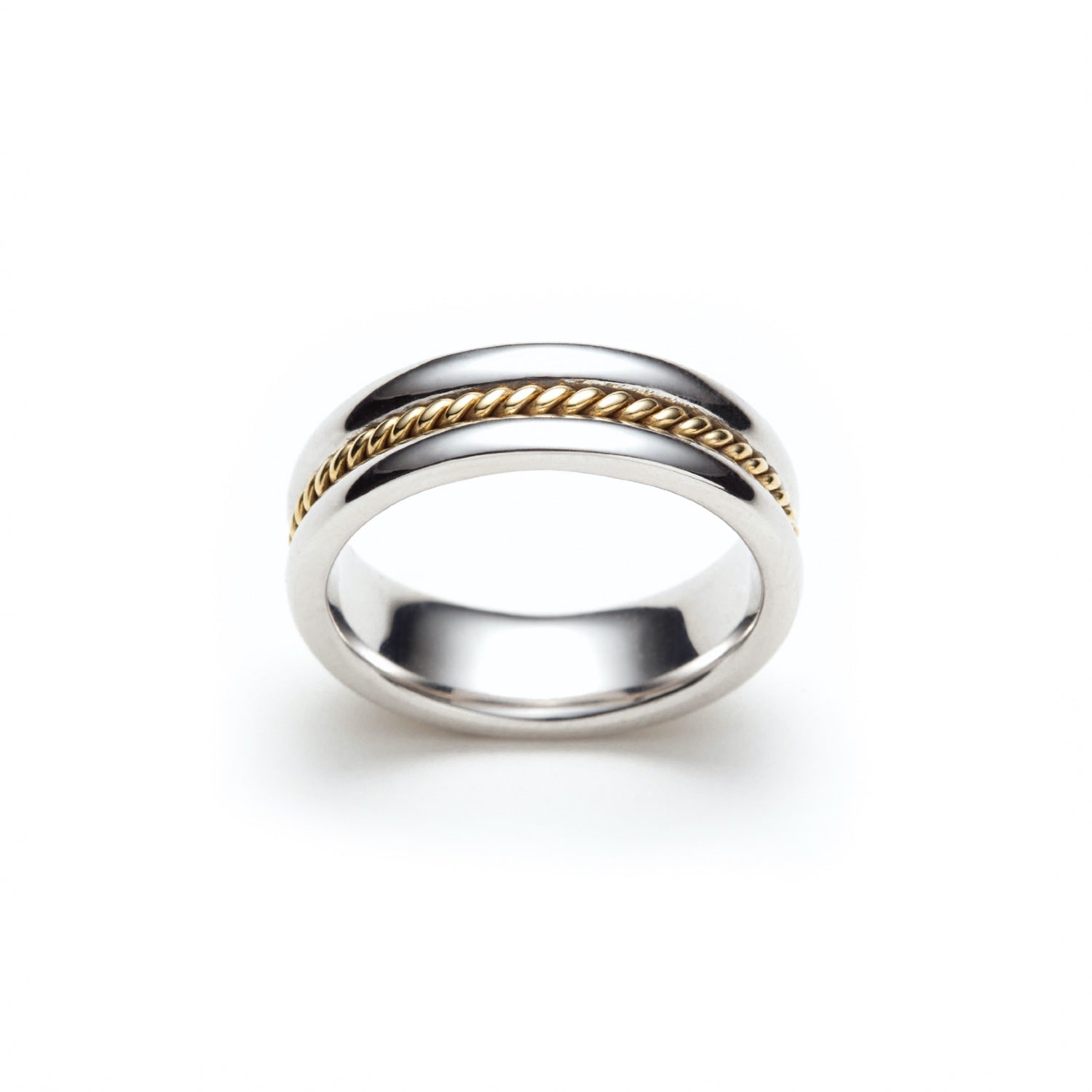 Narrow Twist Polished Finish 8-9 mm Mixed Metal Wedding Band in Yellow and White Gold