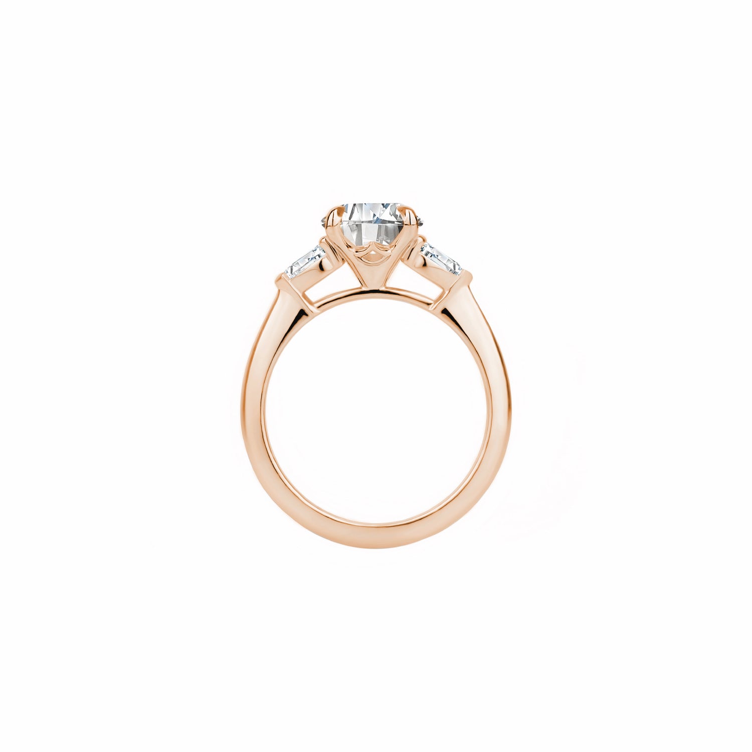 Oval and Pear Cut Lab-Grown Diamond Three-Stone Engagement Ring in Rose Gold Side View