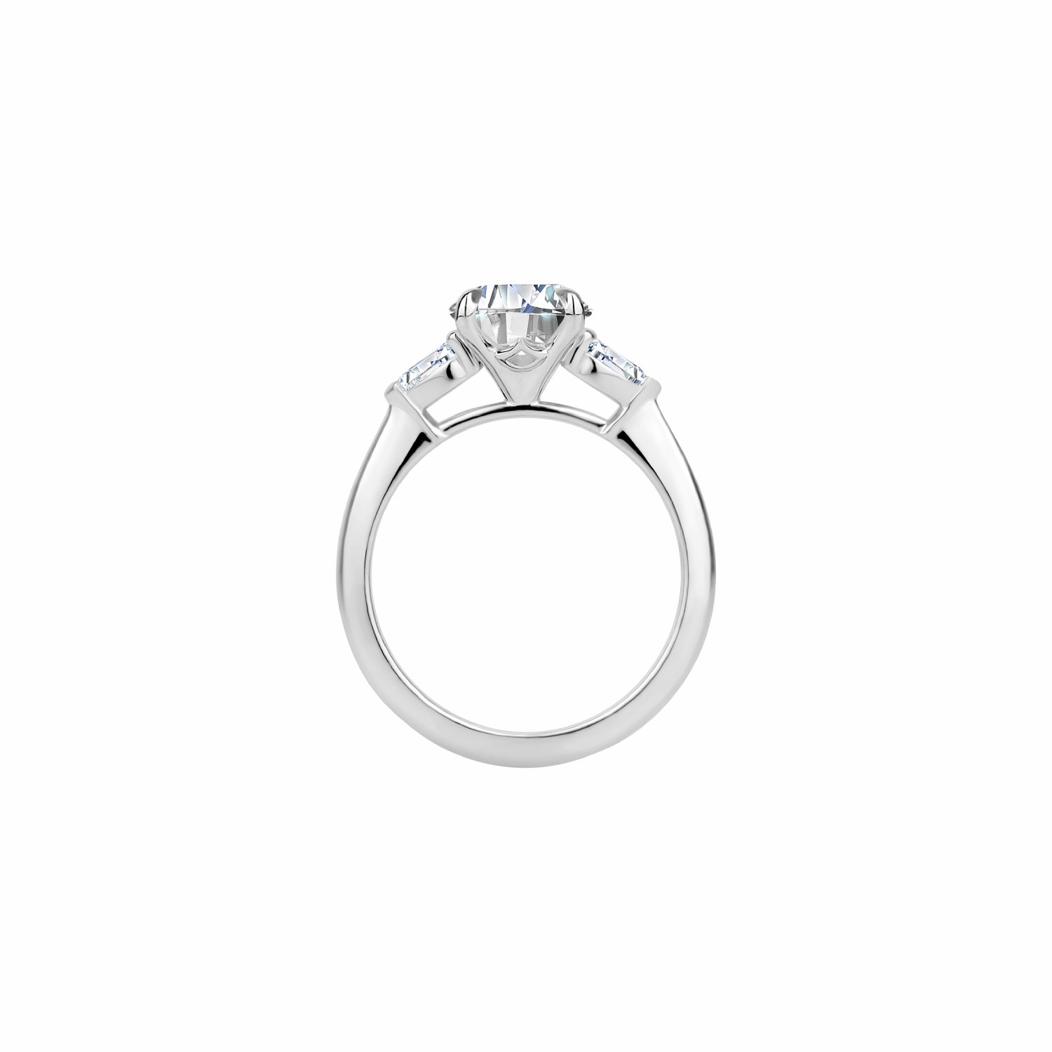 Oval and Pear Cut Lab-Grown Diamond Three-Stone Engagement Ring in White Gold Side View