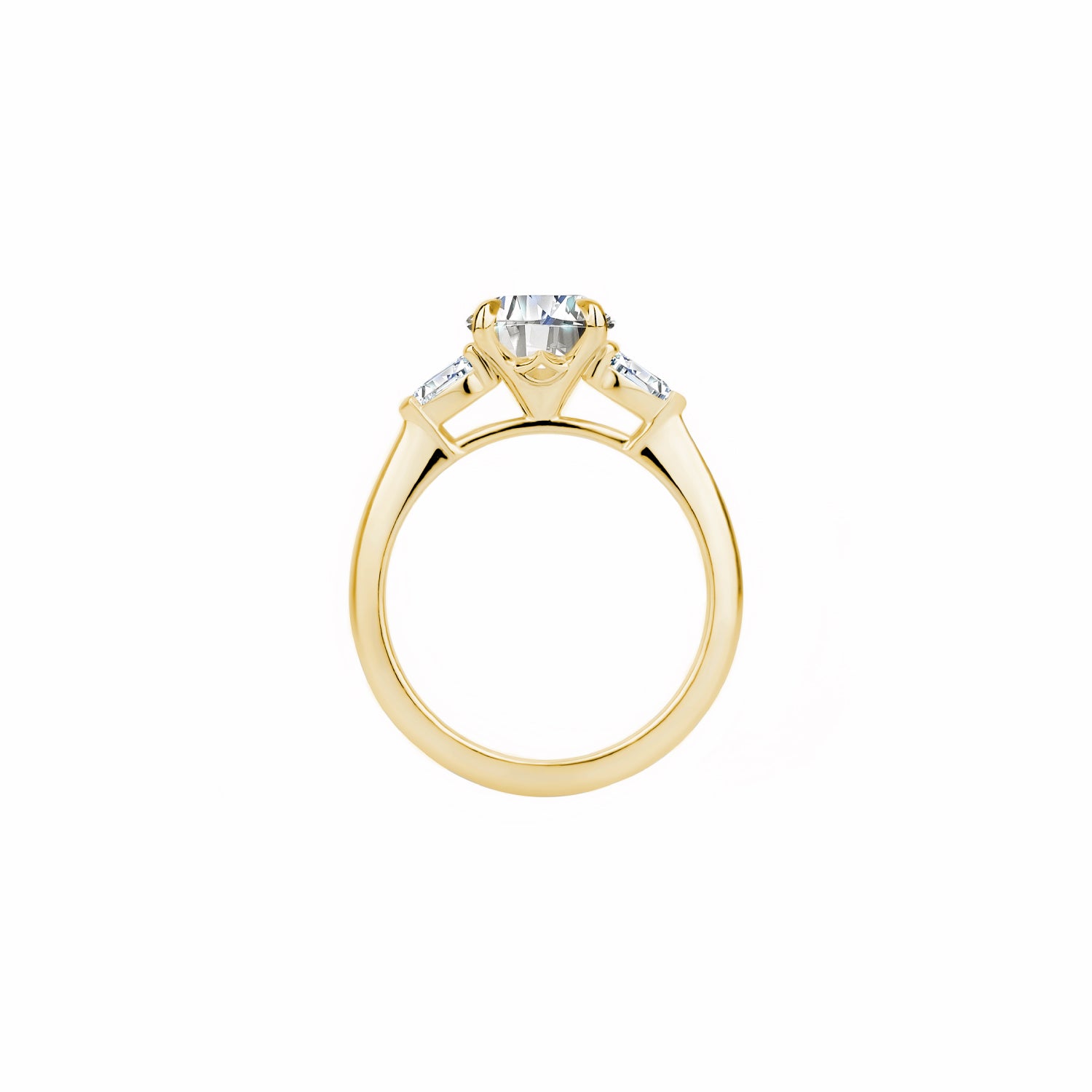 Oval and Pear Cut Lab-Grown Diamond Three-Stone Engagement Ring in Yellow Gold Side View