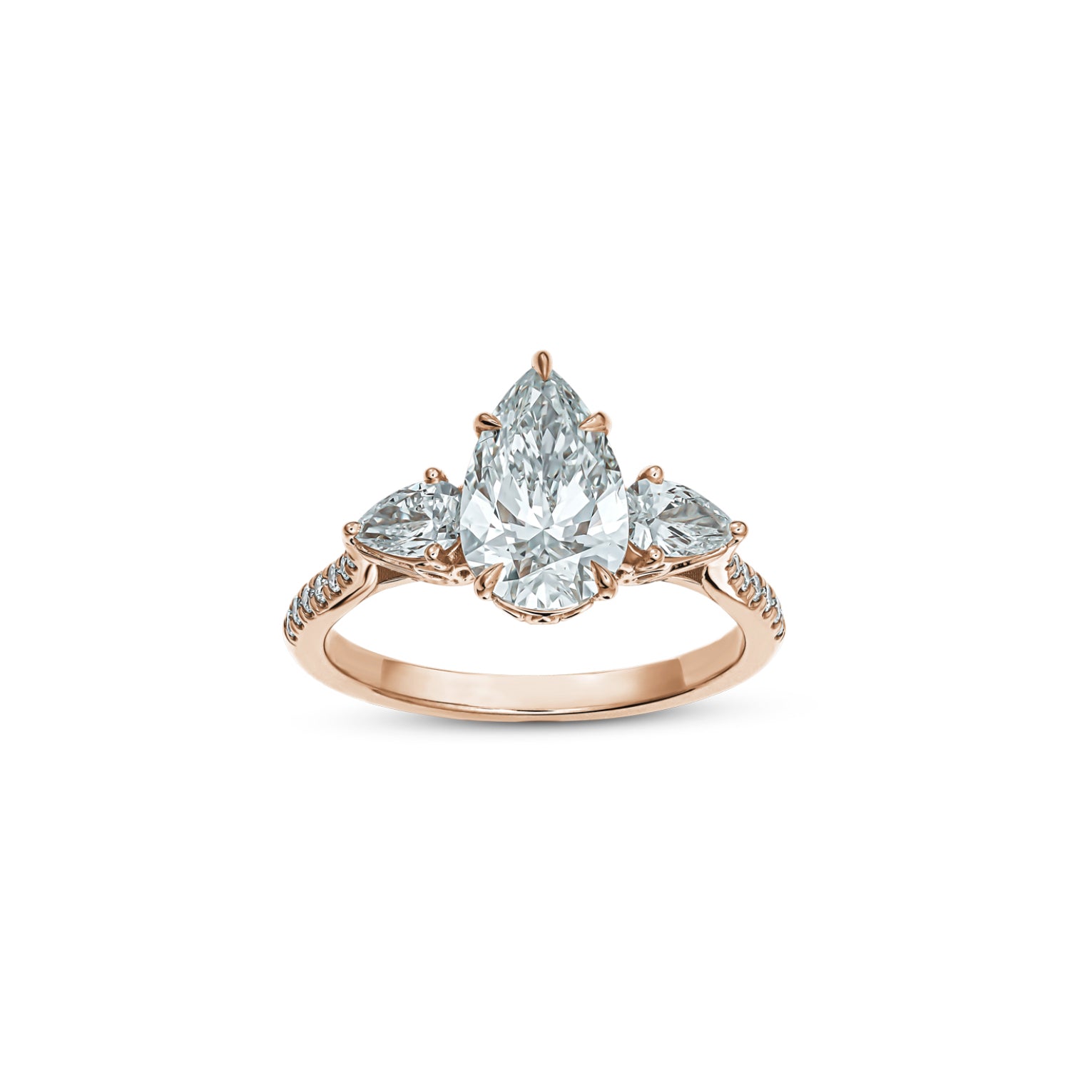Pear-Shaped Lab-Grown Diamond Three-Stone Engagement Ring in Rose Gold Front View