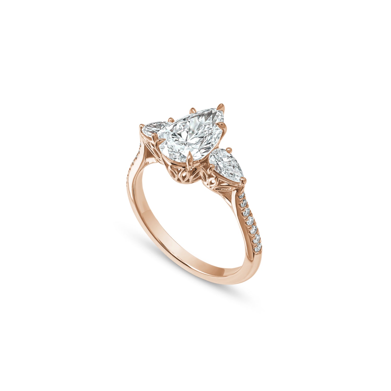 Pear-Shaped Lab-Grown Diamond Three-Stone Engagement Ring in Rose Gold Side View