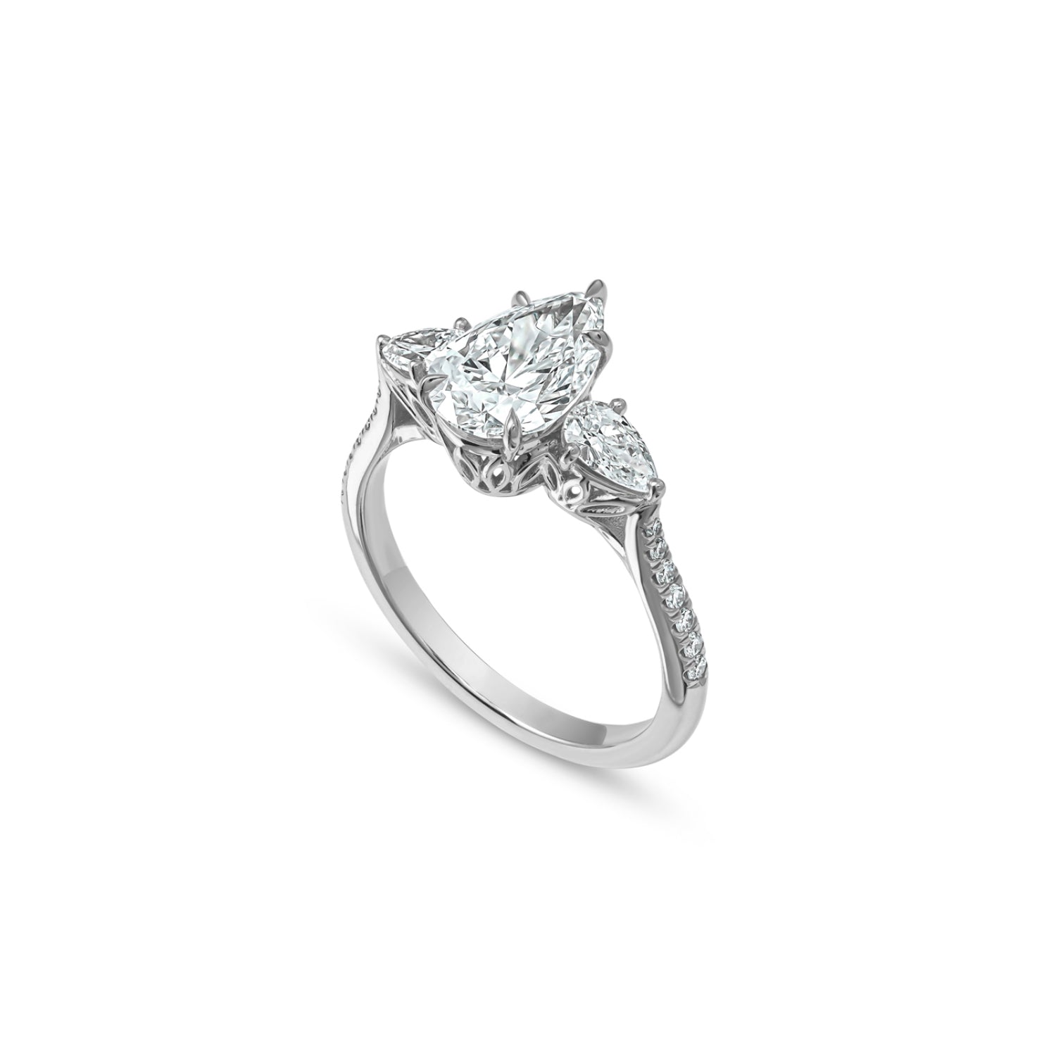 Pear-Shaped Lab-Grown Diamond Three-Stone Engagement Ring in White Gold Side View