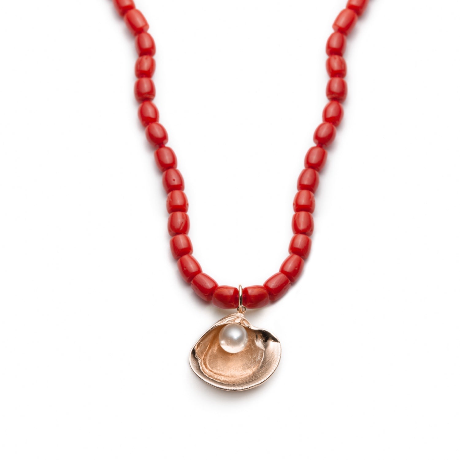 Pearl and Coral Seashell Necklace in Rose Gold