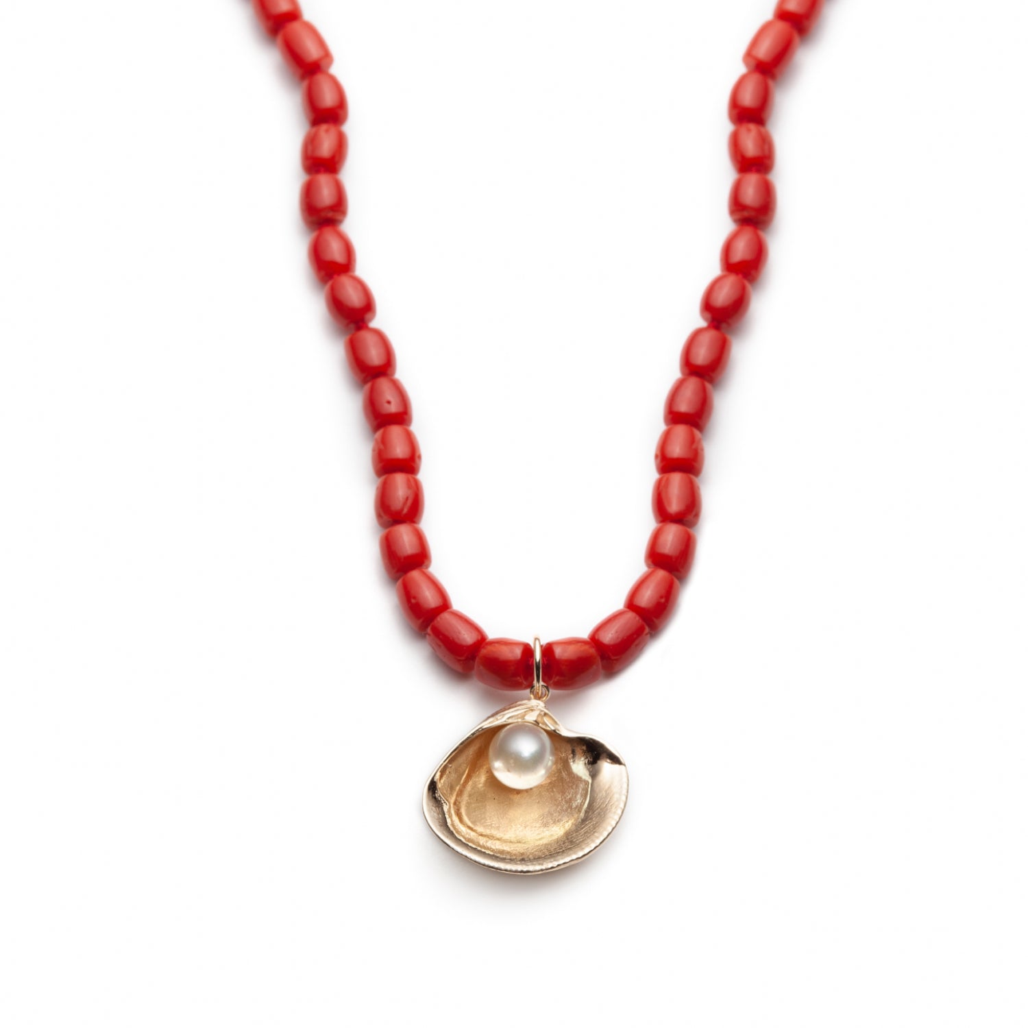 Pearl and Coral Seashell Necklace in Yellow Gold