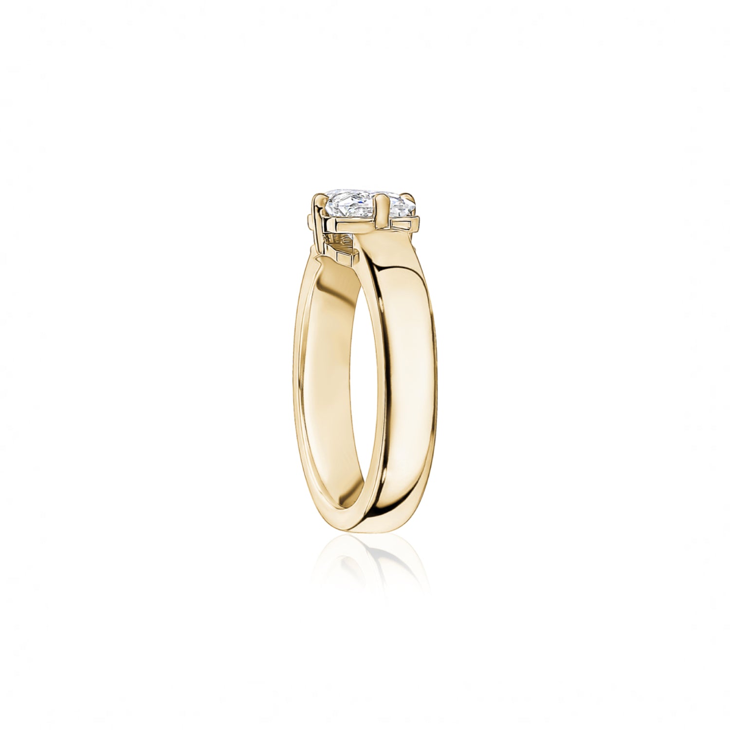 Radiant Cut Diamond Wide Band Solitaire Engagement Ring in Yellow Gold Side View