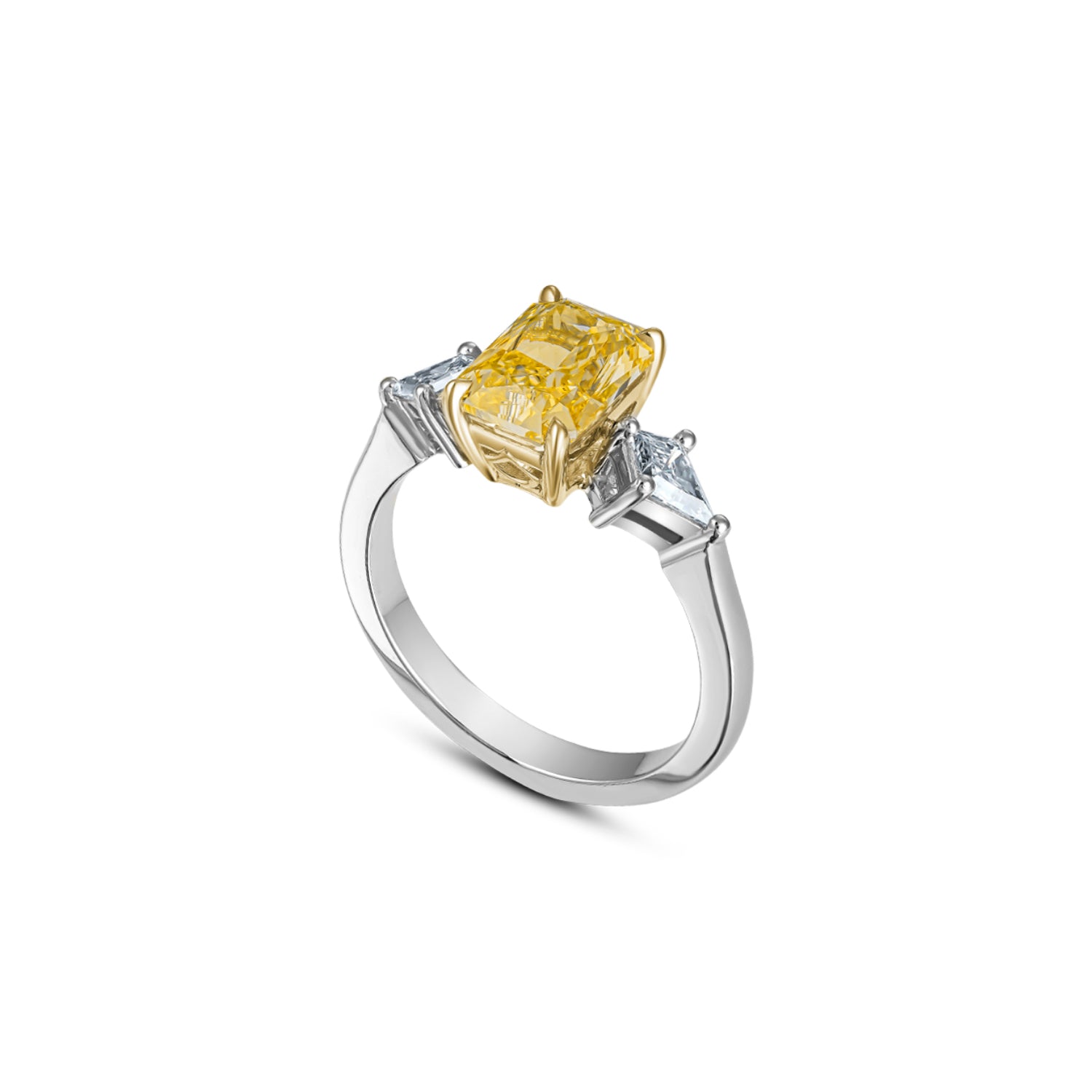 Radiant Cut Fancy Yellow Lab-Grown Diamond and Kite Side Stone Three-Stone Engagement Ring in Platinum and Yellow Gold Side View