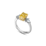 Radiant Cut Fancy Yellow Lab-Grown Diamond and Kite Side Stone Three-Stone Engagement Ring in Platinum and Yellow Gold Side View
