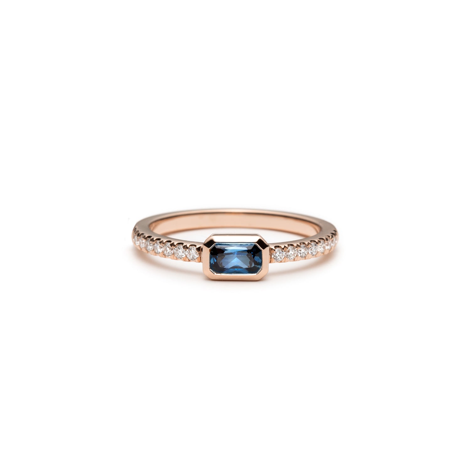 Radiant Cut Blue Sapphire Diamond Pavé Stackable Ring in Rose Gold