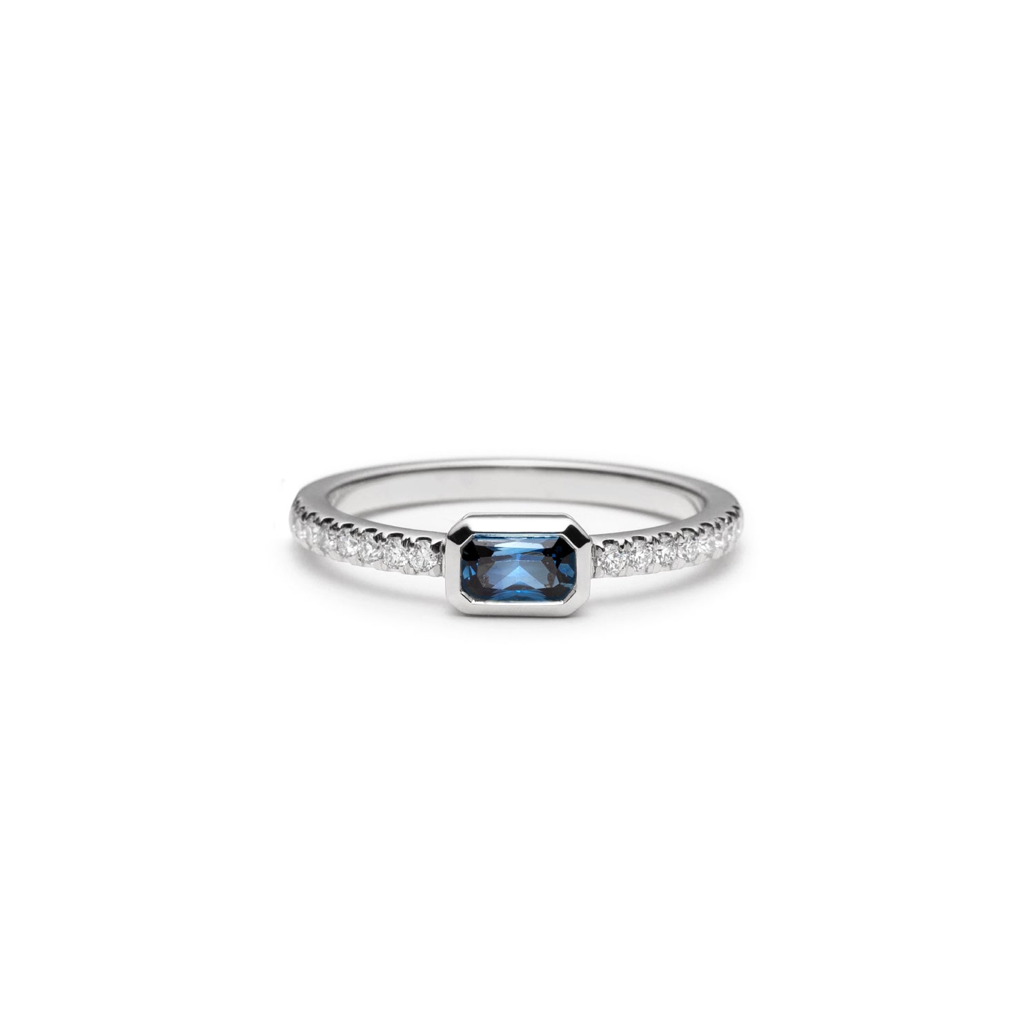 Radiant Cut Blue Sapphire Diamond Pavé Stackable Ring in White Gold