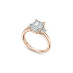 Radiant and Trapezoid Cut Lab-Grown Diamond Three-Stone Engagement Ring in Rose Gold Side View
