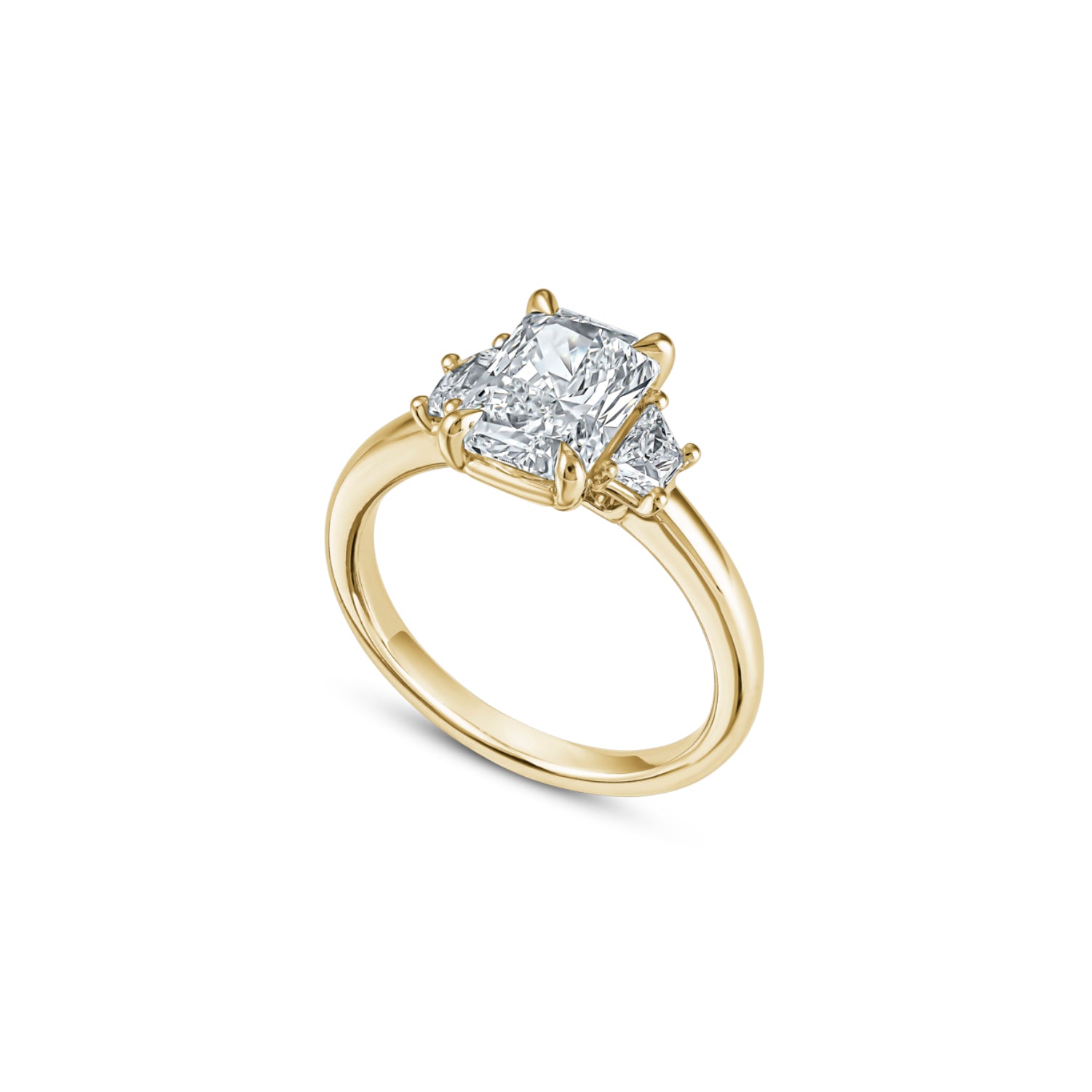 Radiant and Trapezoid Cut Lab-Grown Diamond Three-Stone Engagement Ring in Yellow Gold Side View
