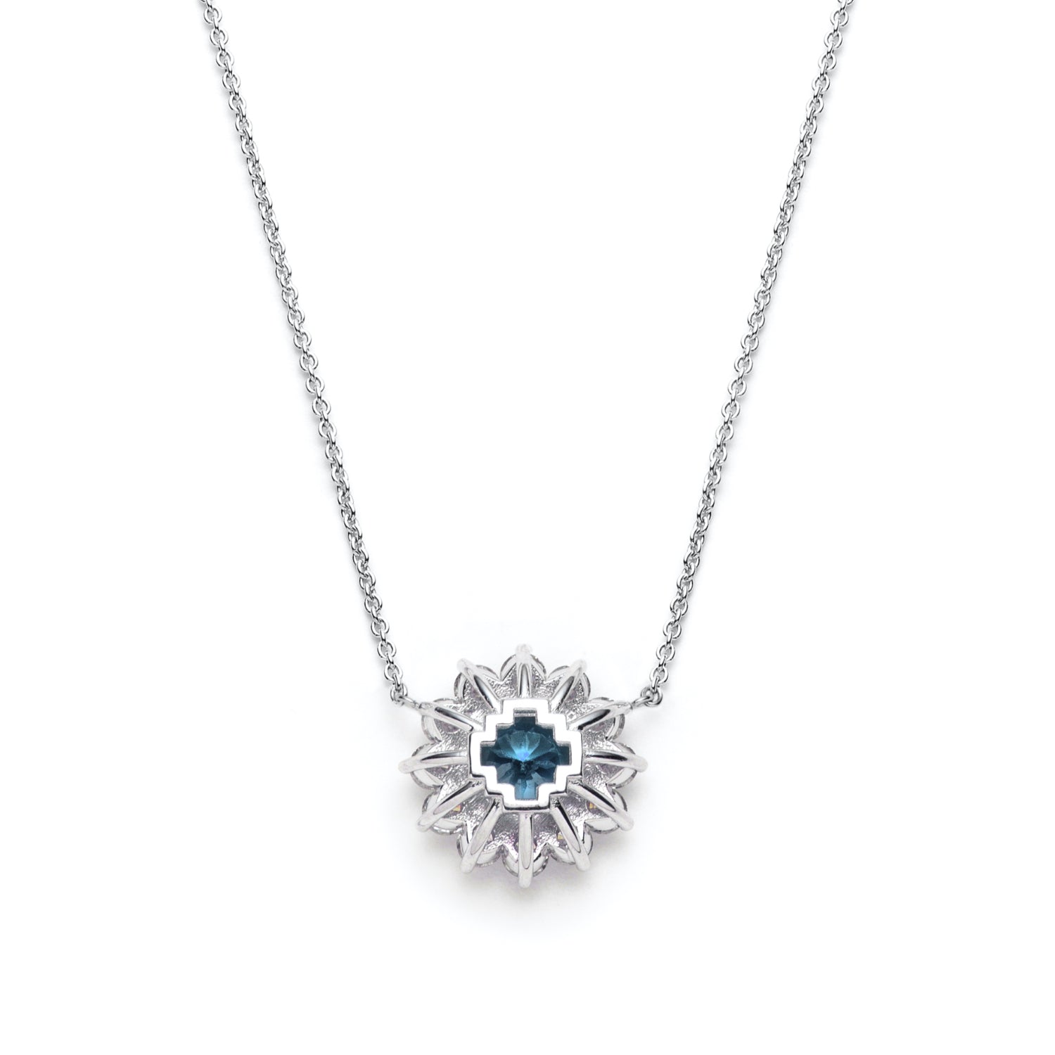 Round Aquamarine Diamond Floral Halo Necklace Back View