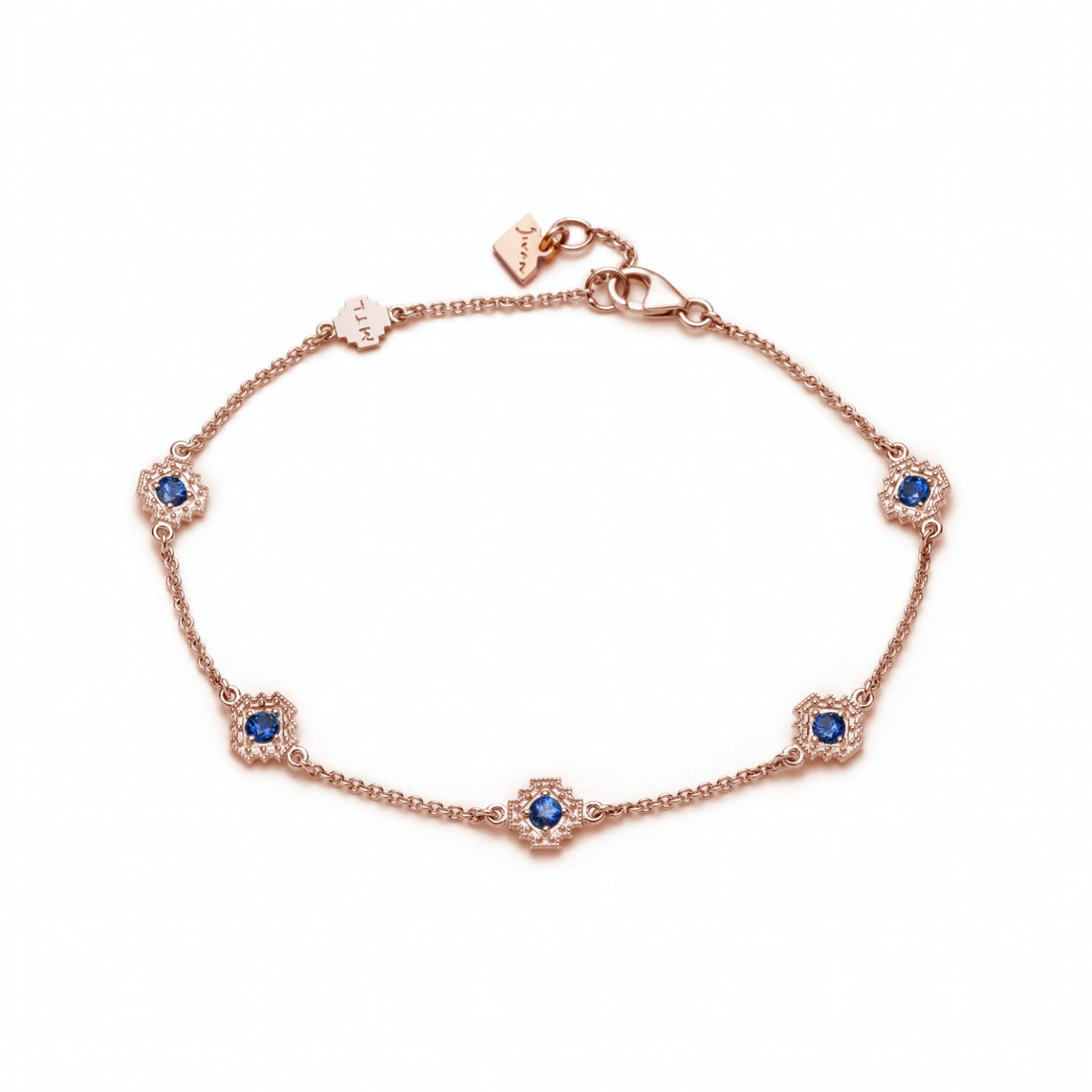 Round Blue Sapphire Five Mini Step Motif Bracelet in Rose Gold