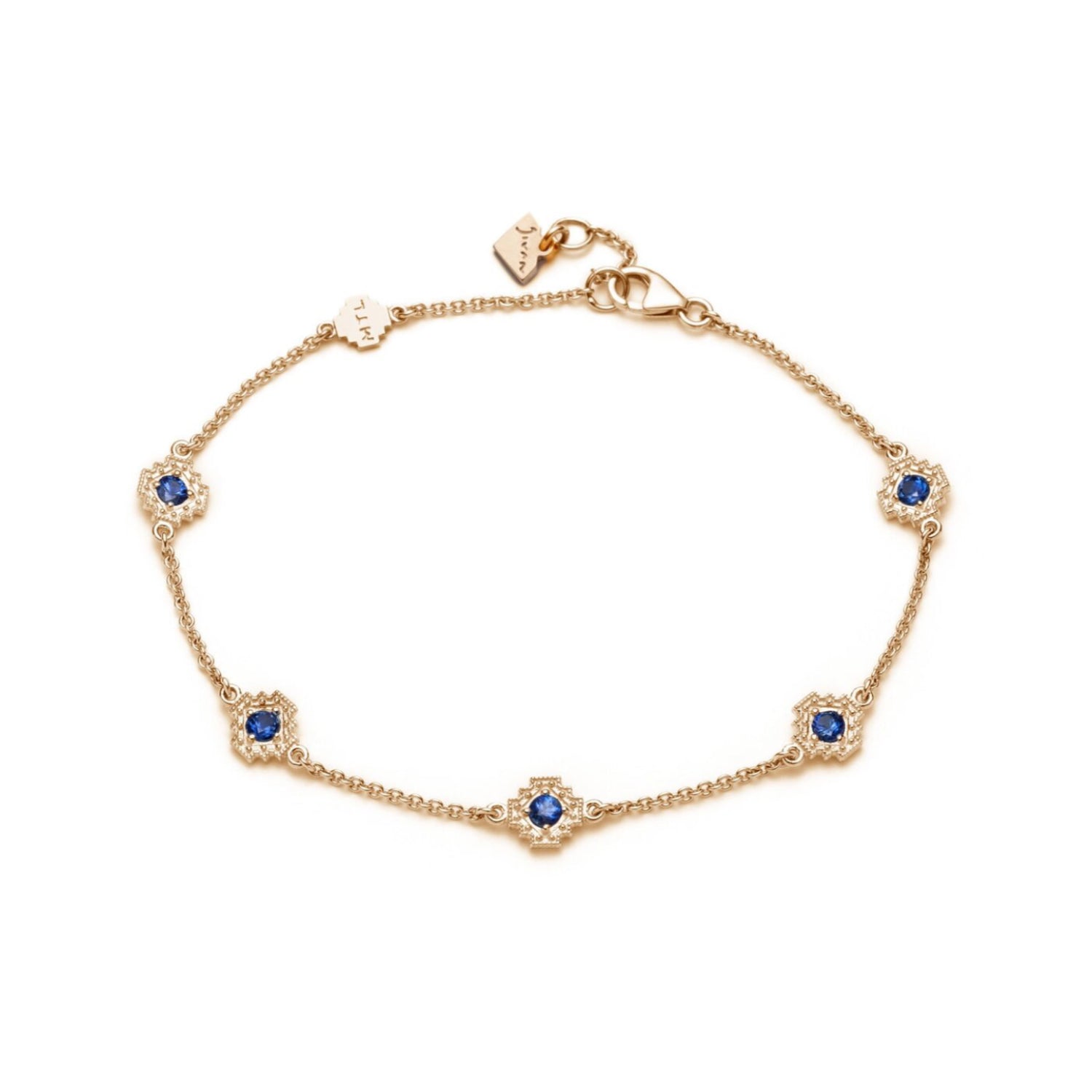 Round Blue Sapphire Five Mini Step Motif Bracelet in Yellow Gold