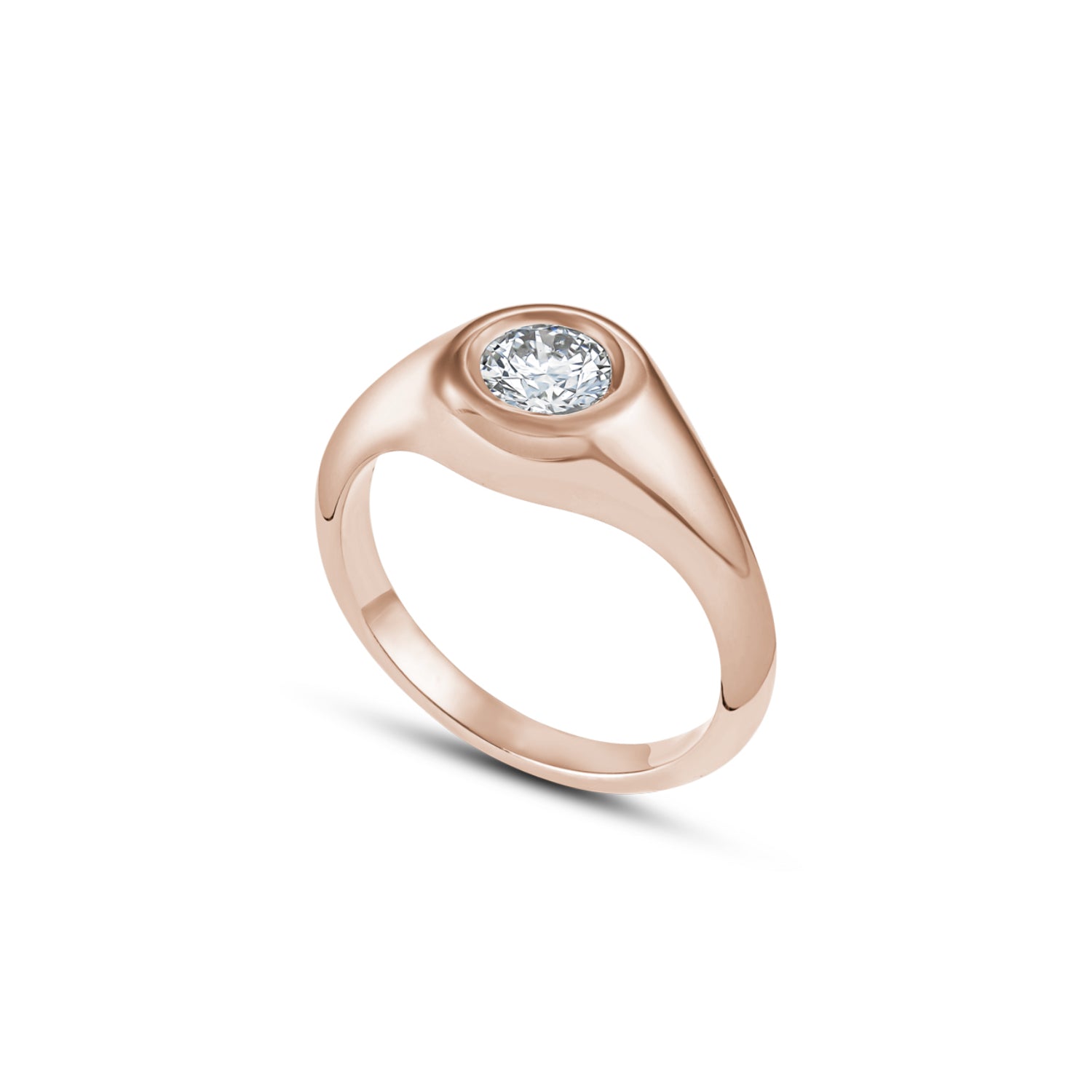 Round Brilliant Cut Diamond Bezel Set Pinky Signet Ring in Rose Gold Side View
