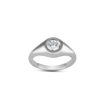 Round Brilliant Cut Diamond Bezel Set Pinky Signet Ring in White Gold Front View