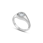 Round Brilliant Cut Diamond Bezel Set Pinky Signet Ring in White Gold Side View