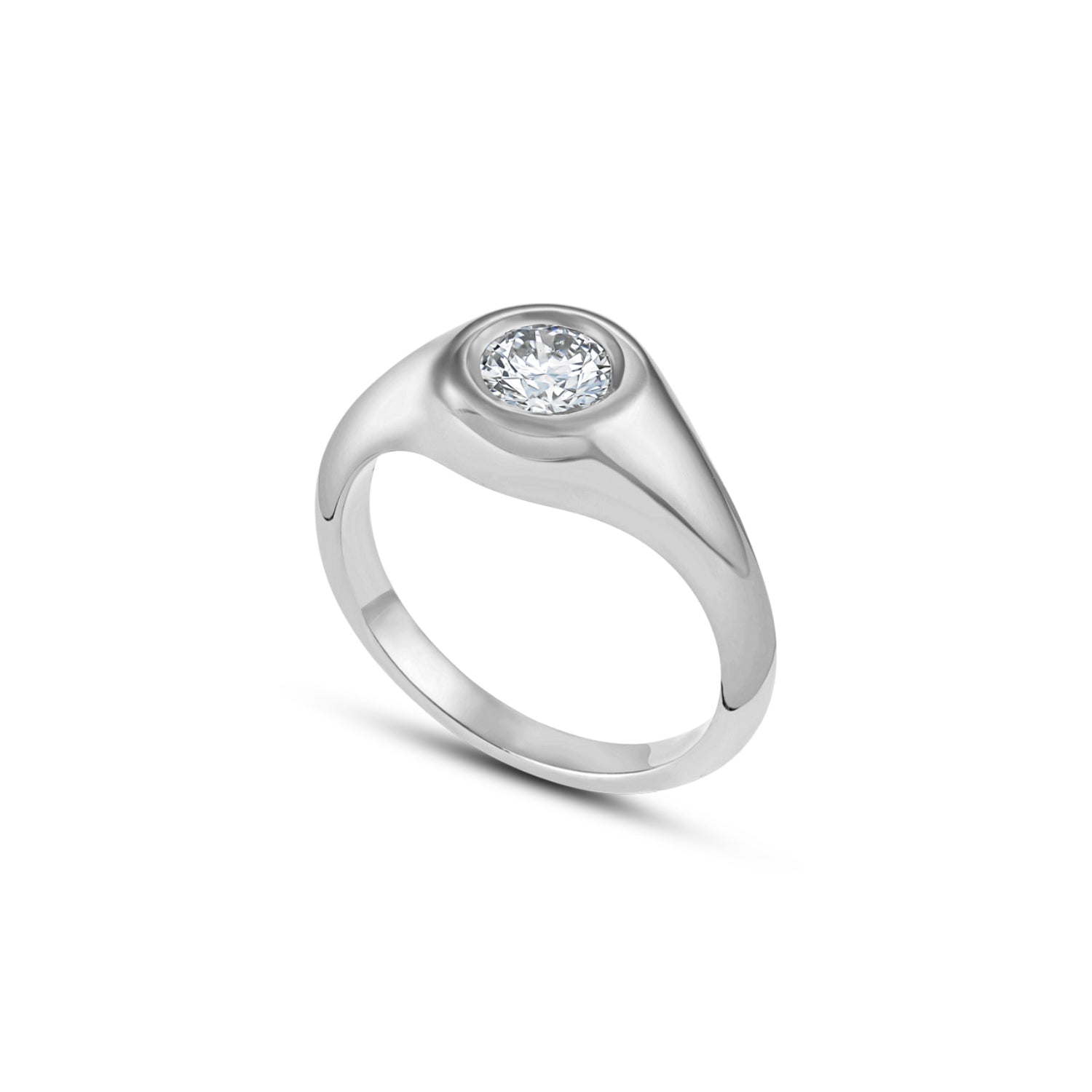 Round Brilliant Cut Diamond Bezel Set Pinky Signet Ring in White Gold Side View