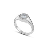 Round Brilliant Cut Diamond Bezel Set Pinky Signet Ring in White Gold Side View