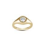 Round Brilliant Cut Diamond Bezel Set Pinky Signet Ring in Yellow Gold Front View