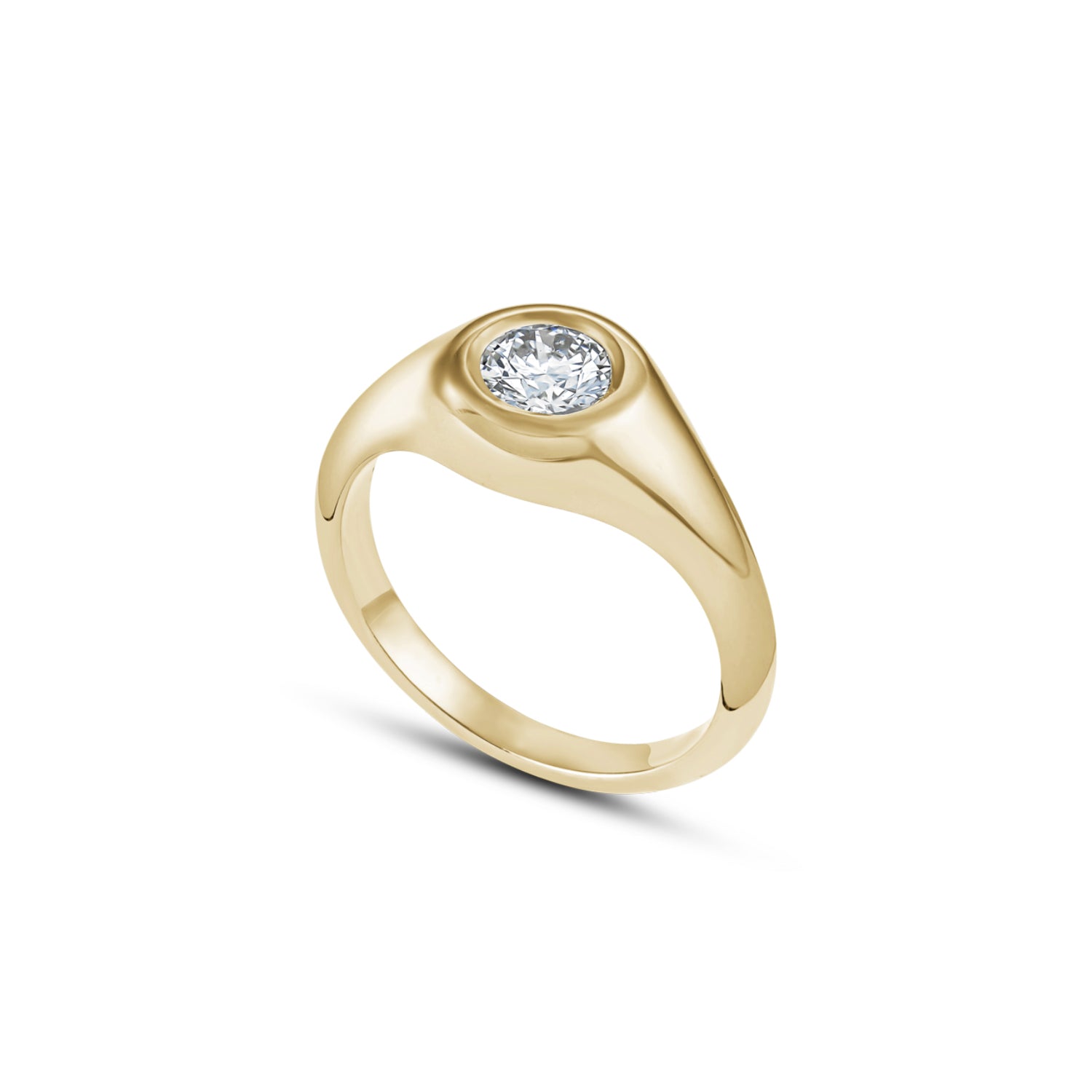 Round Brilliant Cut Diamond Bezel Set Pinky Signet Ring in Yellow Gold Side View