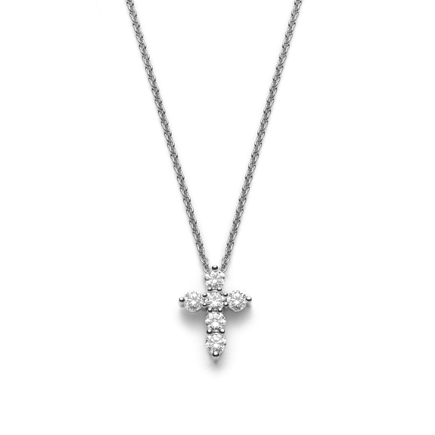 Round Brilliant Cut Diamond Cross Necklace in White Gold