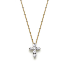 Round Brilliant Cut Diamond Cross Necklace in White and Yellow Gold