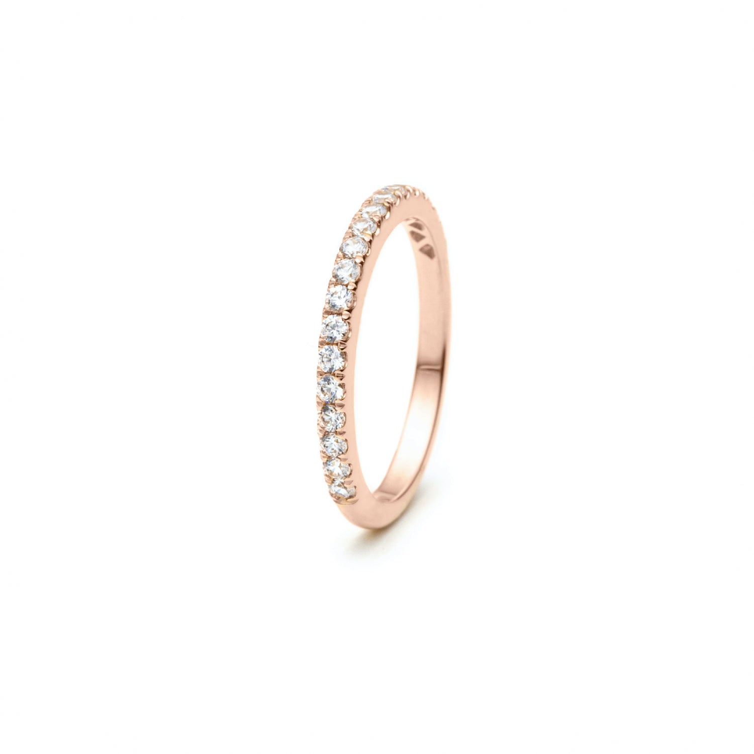 Round Brilliant Cut Diamond French V-Split Set Half-Eternity Ring in Rose Gold Side View 