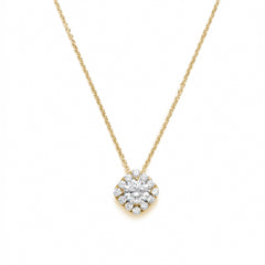 Round Brilliant Cut Diamond Square Halo Necklace in Yellow Gold