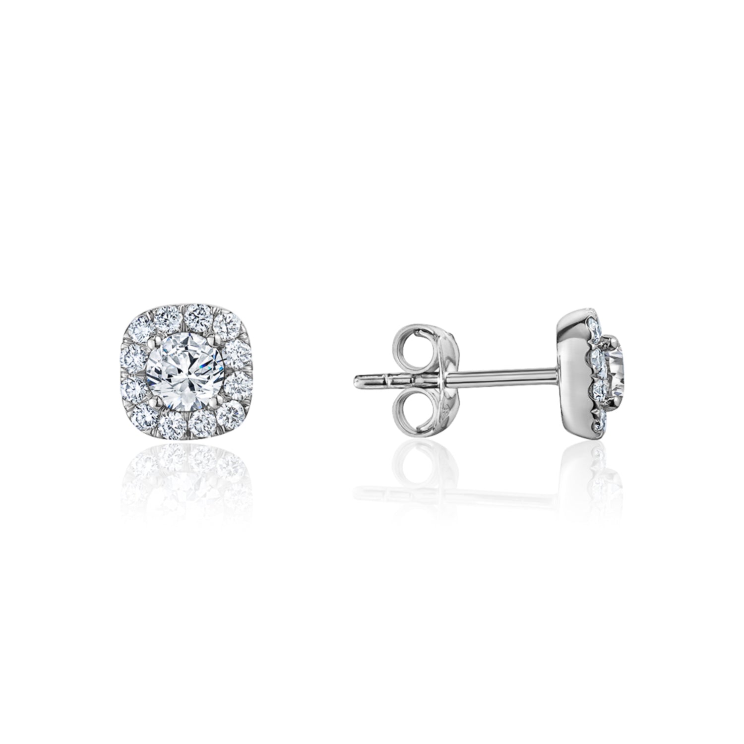 Round Brilliant Cut Diamond Square Halo Stud Earrings in White Gold Side View