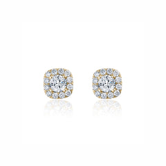 Round Brilliant Cut Diamond Square Halo Stud Earrings in Yellow Gold