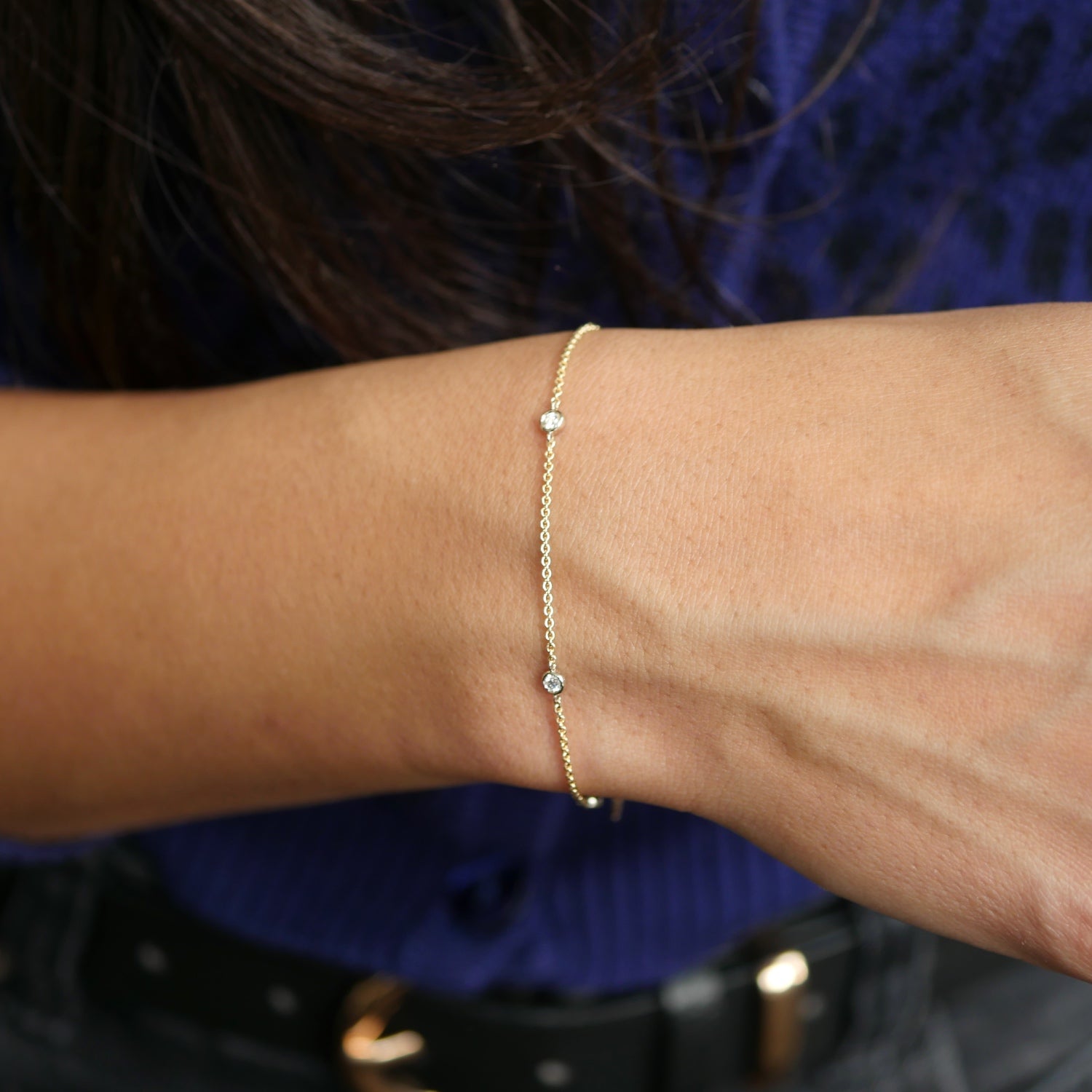 Round Brilliant Cut Diamond Bezel Station Bracelet on a Model
