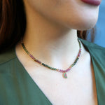 Ruby and Tsavorite Pavé Watermelon Half-Slice Tourmaline Bead Necklace on a Model