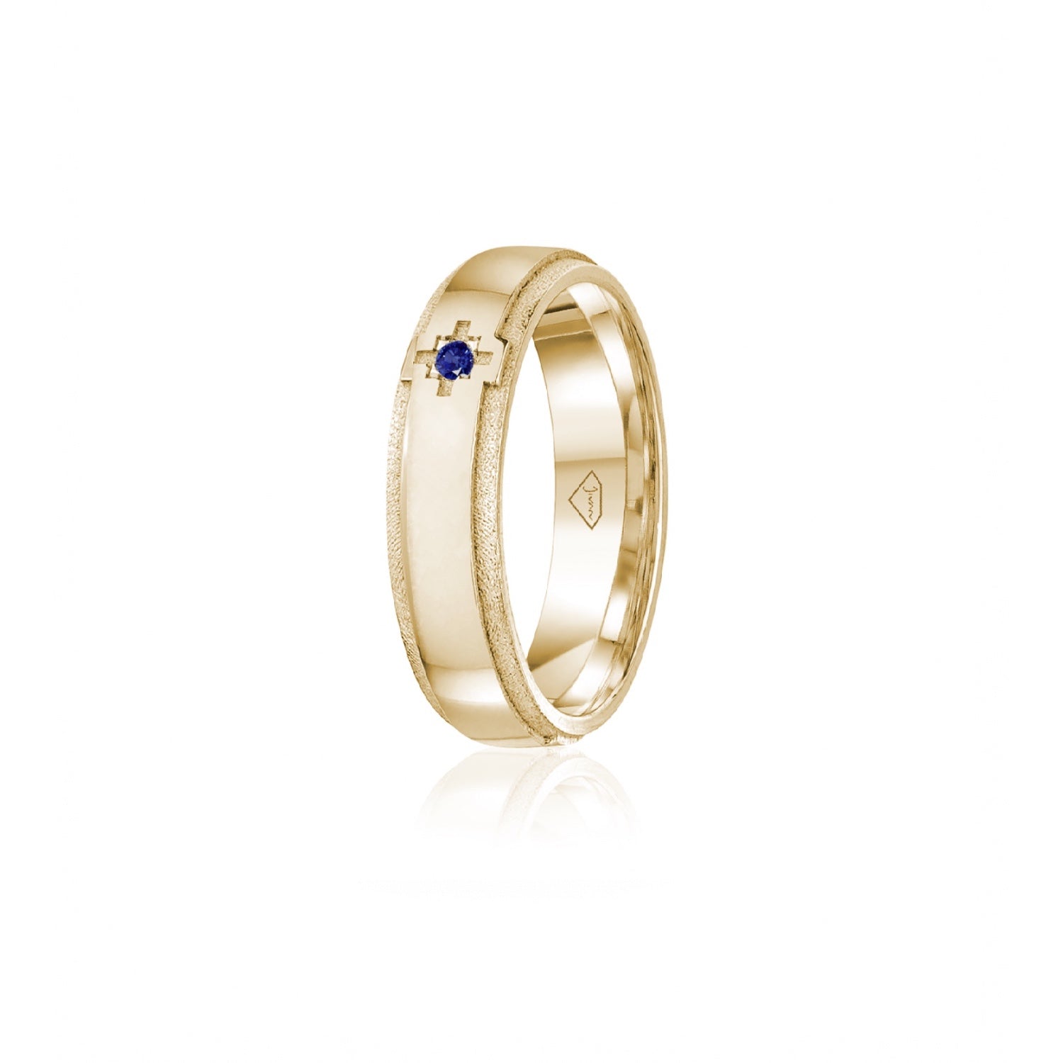 Sapphire Accent Polished Finish Bevelled Edge 6-7 mm Wedding Ring in Yellow Gold