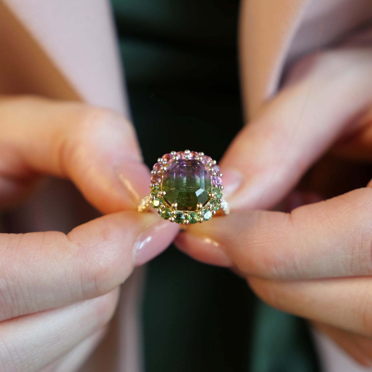 Square Emerald Cut Watermelon Tourmaline Halo Ring on a Model