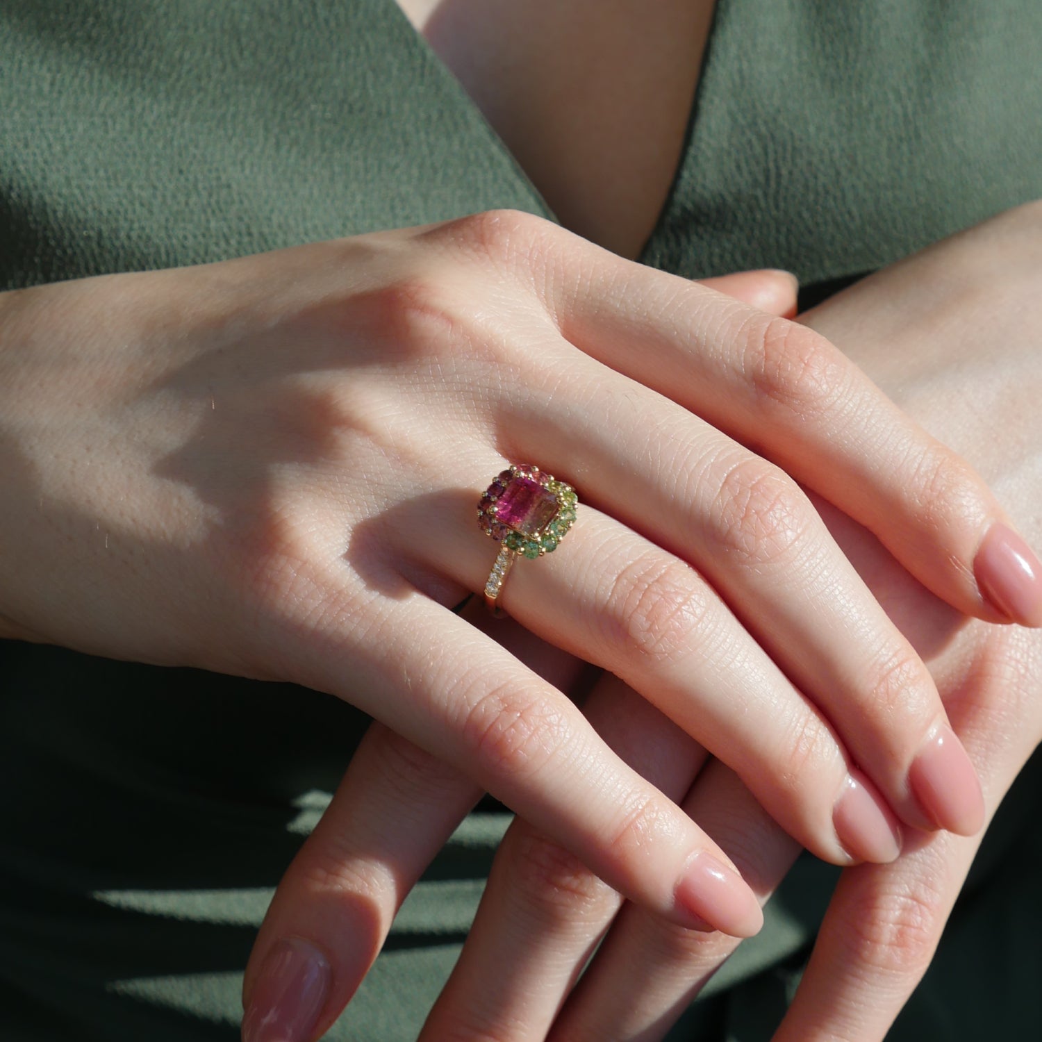 Square Emerald Cut Watermelon Tourmaline and Matching Halo Ring on a Model