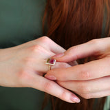 Step Cut Watermelon Tourmaline Diamond Halo Ring on a Model