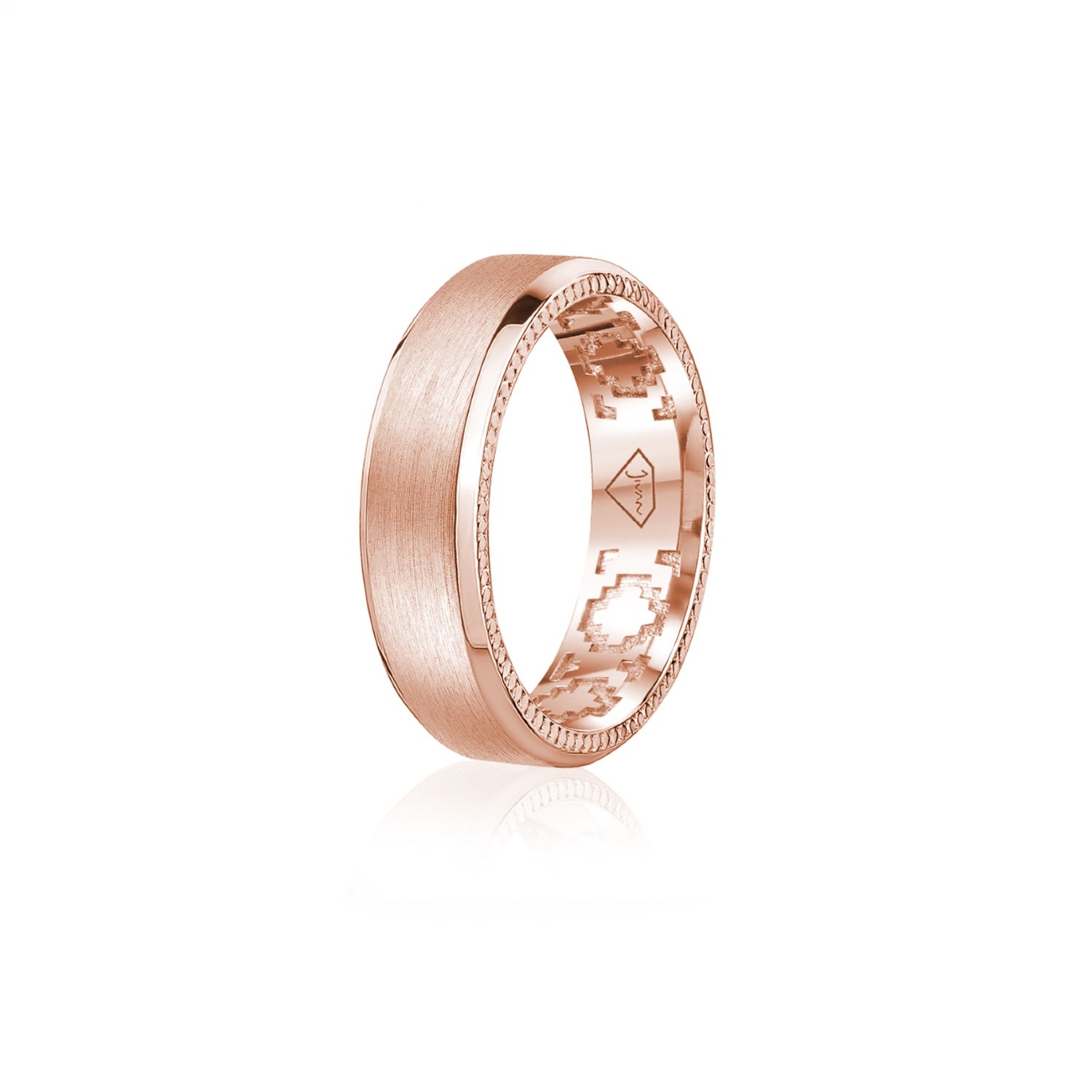 Step Motif Brushed Finish Bevelled Edge 8-9 mm Wedding Band in Rose Gold