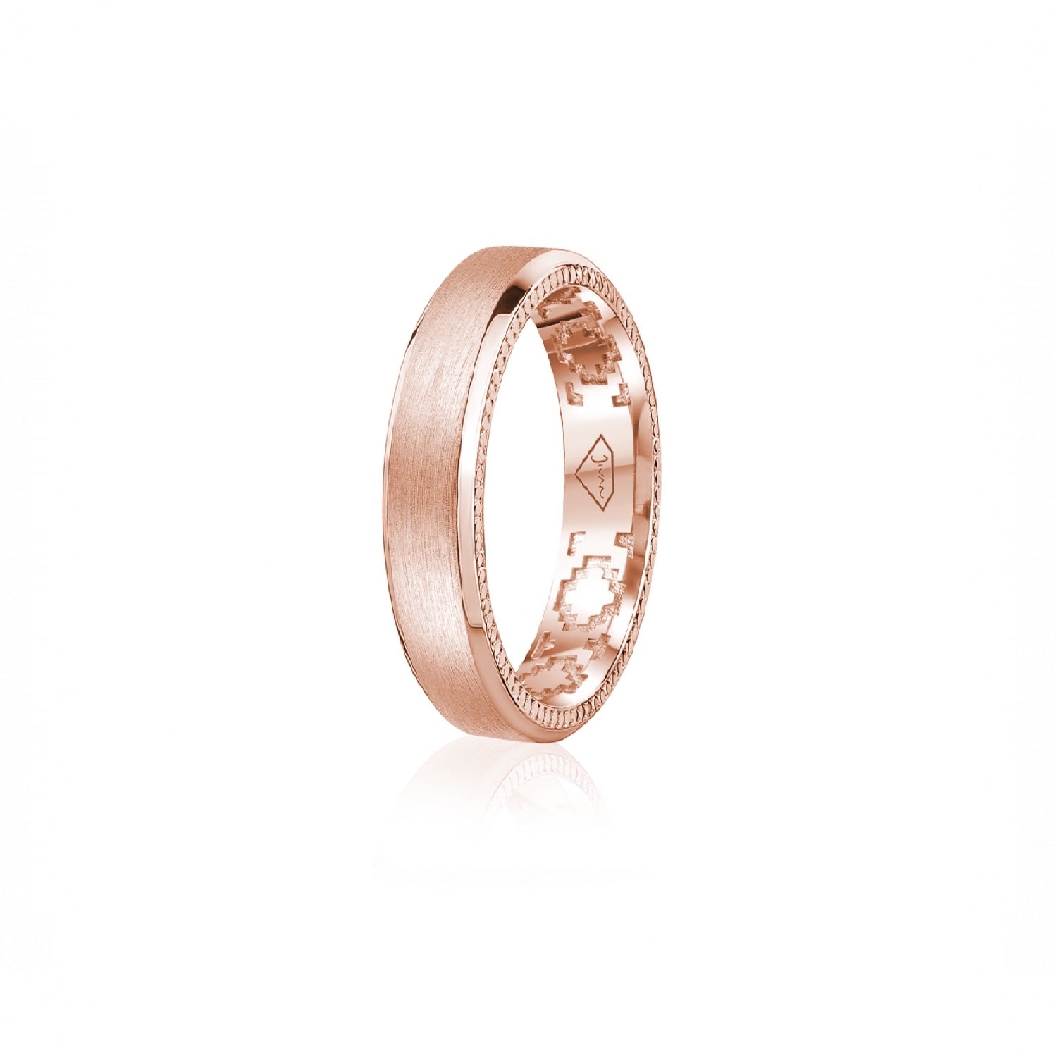 Step Motif Brushed Finish Bevelled Edge 5 mm Wedding Band in Rose Gold