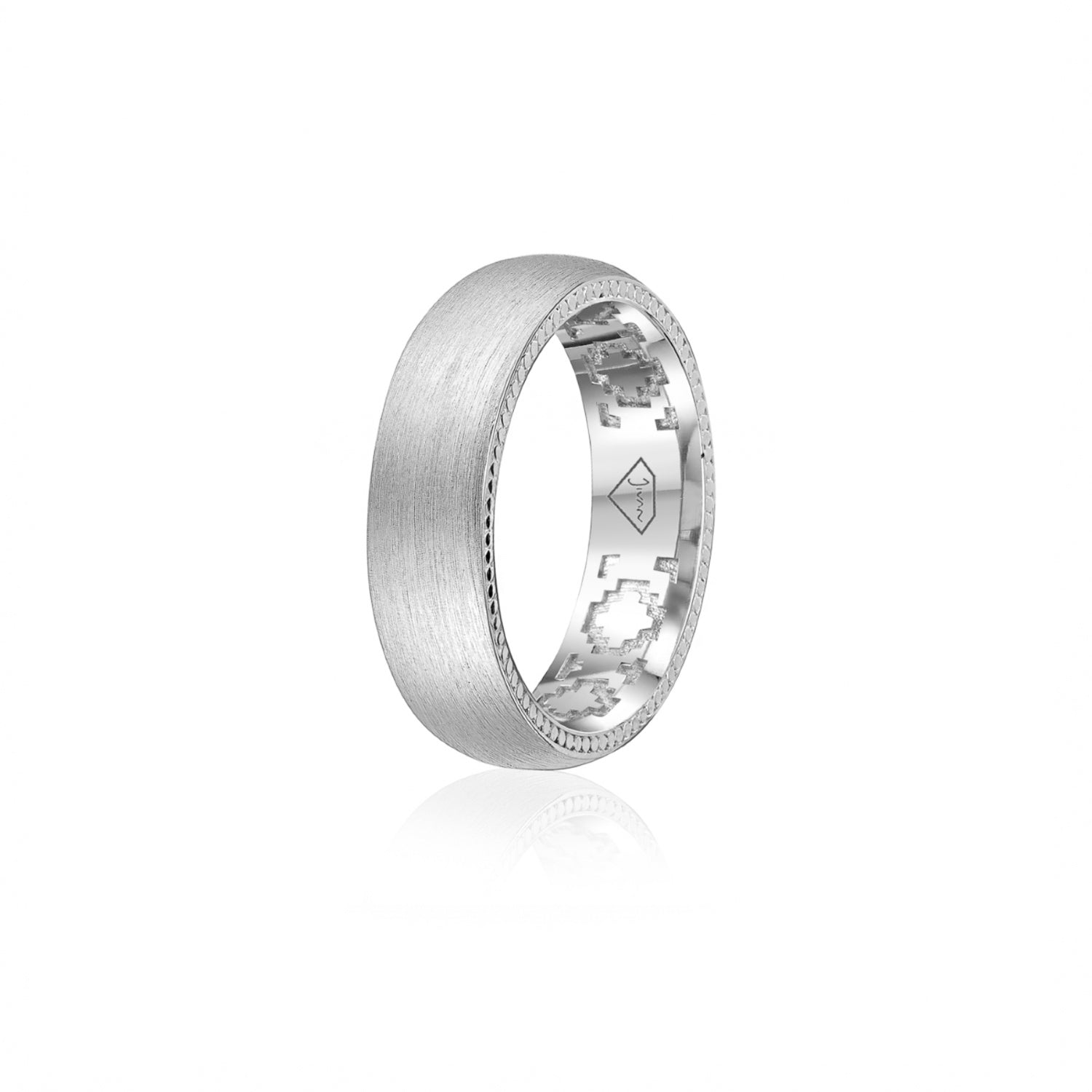 Step Motif Brushed Finish Comfort Fit 8-9 mm Wedding Band in White Gold