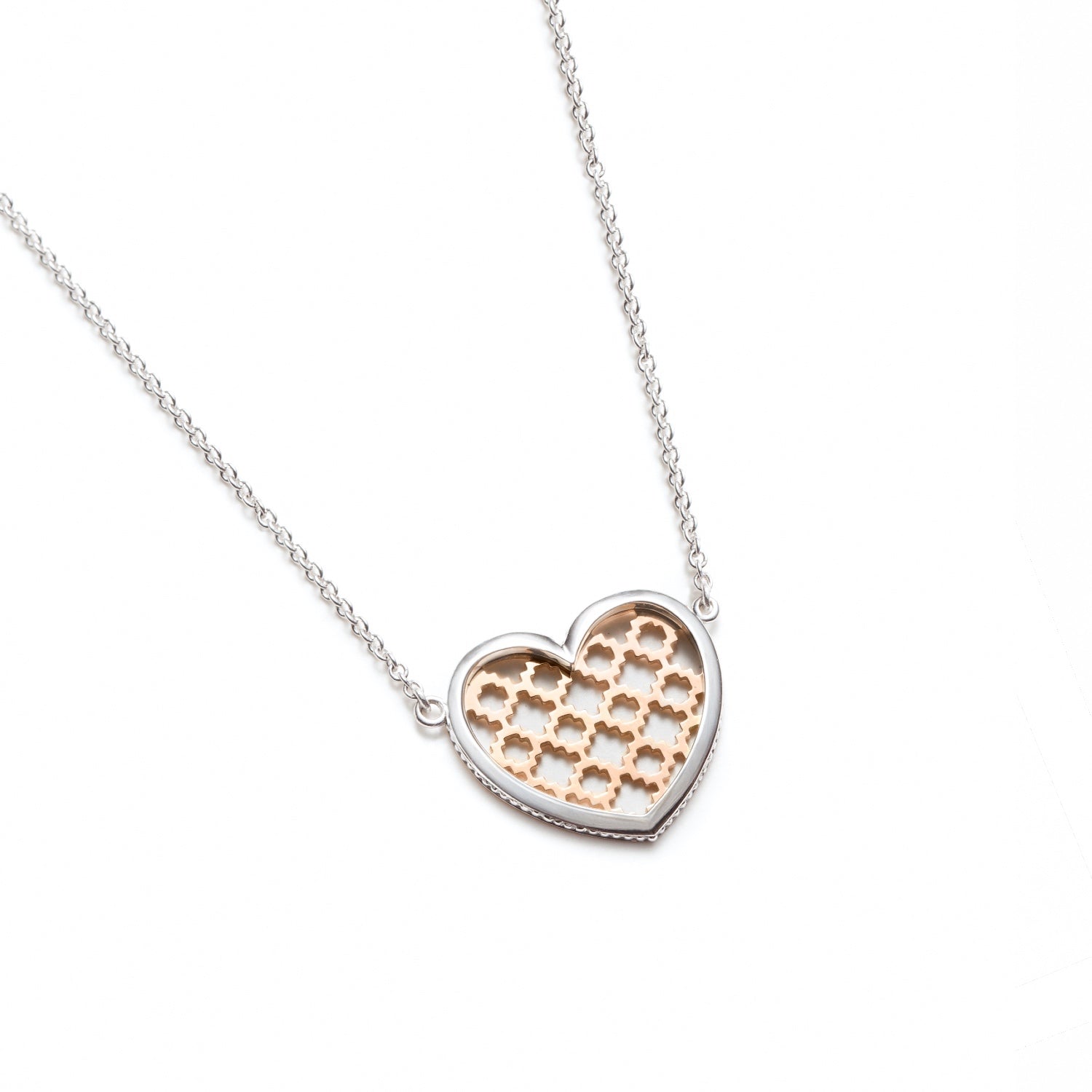 Step Motif Two-Tone Gold Heart Necklace in Rose and White Gold