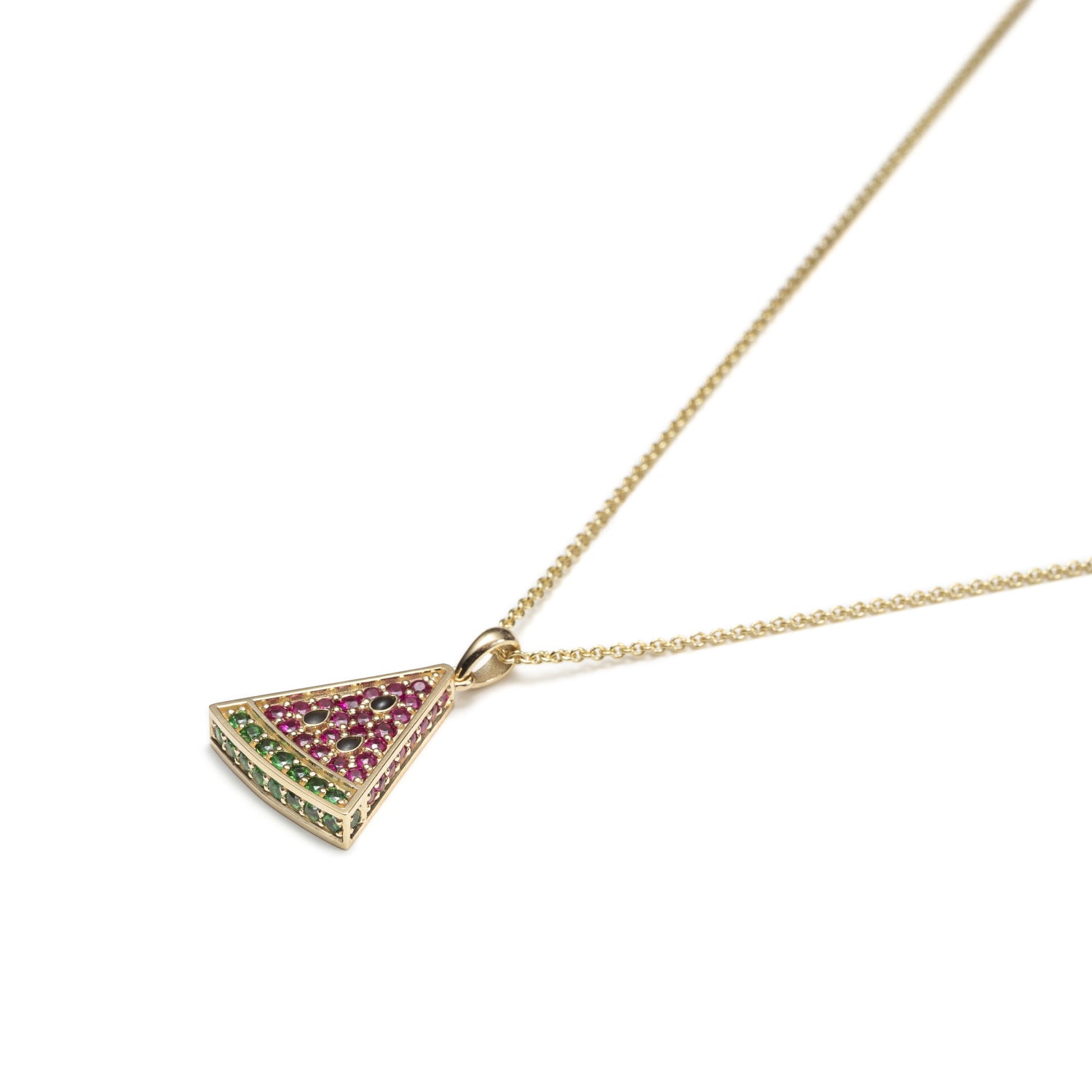 Watermelon Slice Ruby and Tsavorite Pavé Necklace Side View