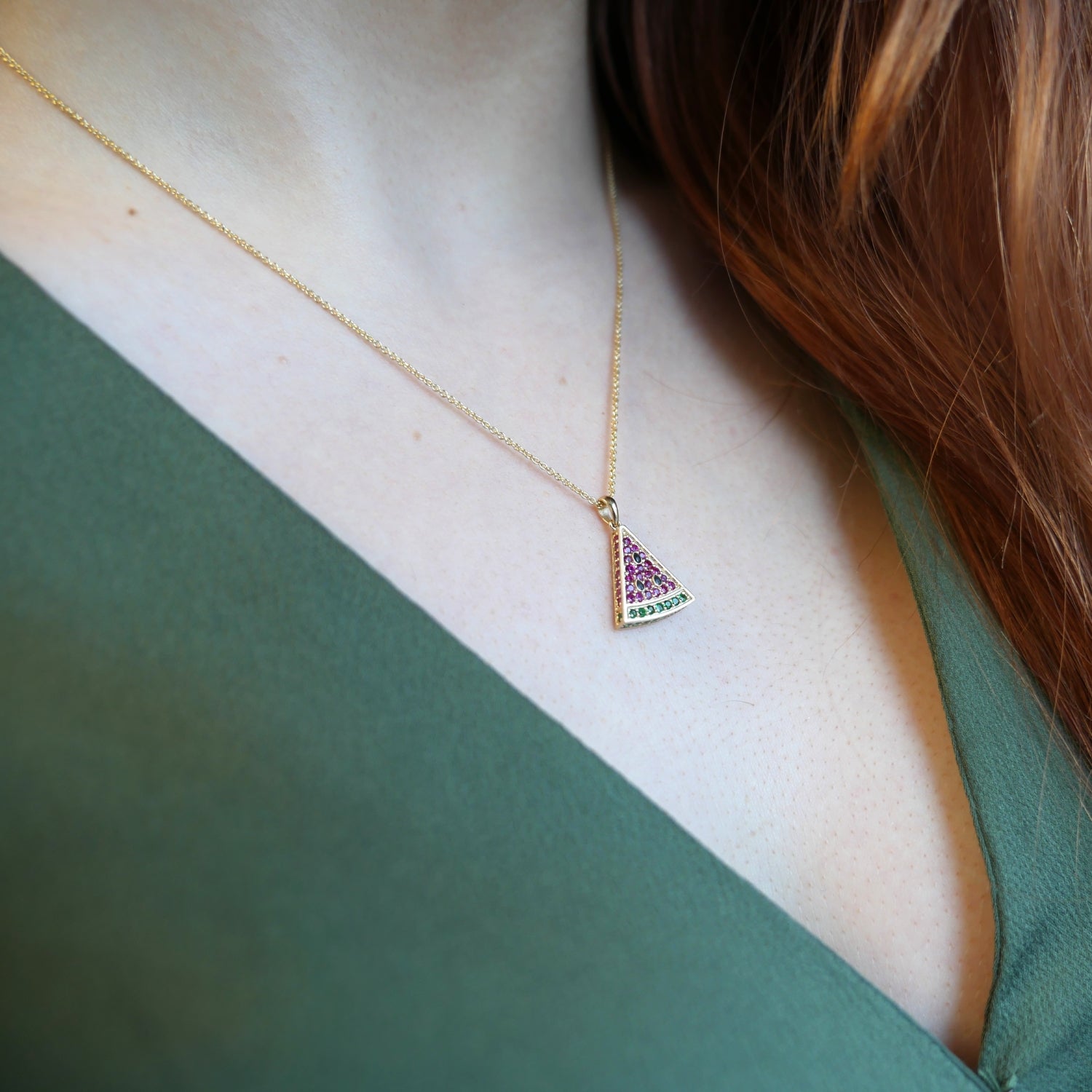 Watermelon Slice Ruby and Tsavorite Pavé Necklace on a Model